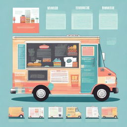 A graphic design of a food truck, showcasing its exterior and interior layout in a detailed and artistic manner