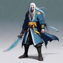 A Yuan-ti rogue with yellow eyes, light-blue long hair, and white skin