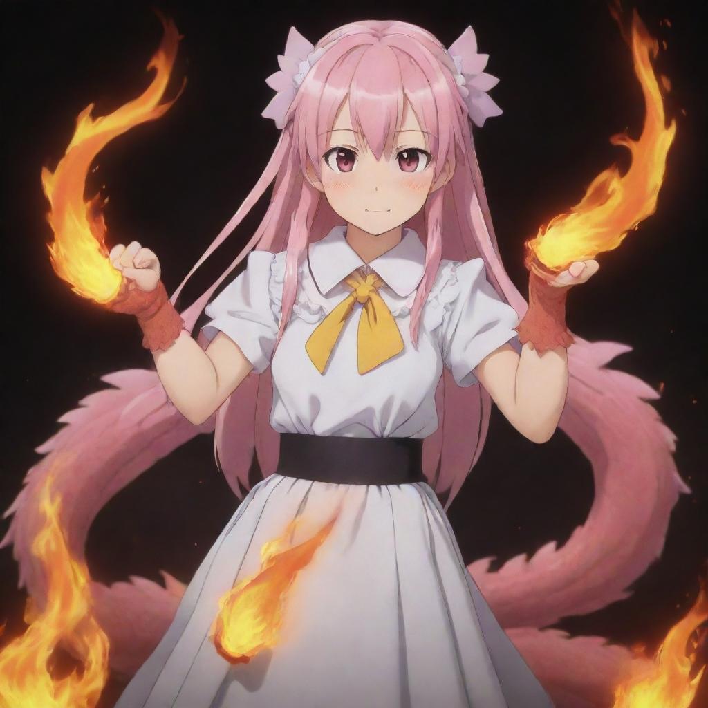 Ilulu from Kobayashi's Dragon Maid, posing heroically with her dragon tail unfurled and flames subtly flickering around her fists, in anime style.