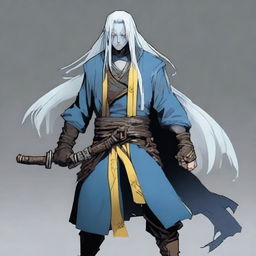 A Yuan-ti rogue with yellow eyes, light-blue long hair, and white skin