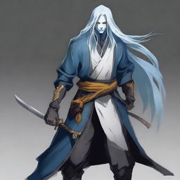 A Yuan-ti rogue with yellow eyes, light-blue long hair, and white skin