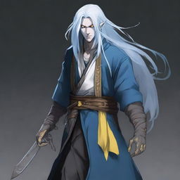 A Yuan-ti rogue with yellow eyes, light-blue long hair, and white skin