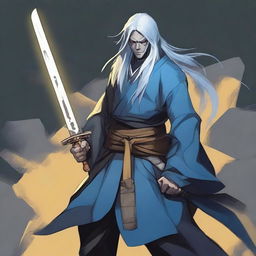 A Yuan-ti rogue with yellow eyes, light-blue long hair, and white skin