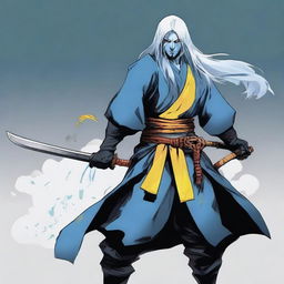 A Yuan-ti rogue with yellow eyes, light-blue long hair, and white skin