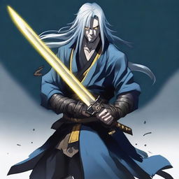 A Yuan-ti rogue with yellow eyes, light-blue long hair, and white skin