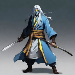 A Yuan-ti rogue with yellow eyes, light-blue long hair, and white skin