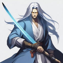 A Yuan-ti rogue with yellow eyes, light-blue long hair, and white skin