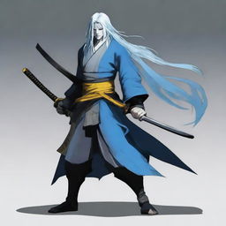 A Yuan-ti rogue with yellow eyes, light-blue long hair, and white skin