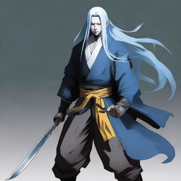 A Yuan-ti rogue with yellow eyes, light-blue long hair, and white skin