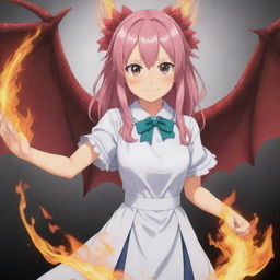 Ilulu from Kobayashi's Dragon Maid, posing heroically with her dragon tail unfurled and flames subtly flickering around her fists, in anime style.