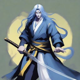 A Yuan-ti rogue with yellow eyes, light-blue long hair, and white skin