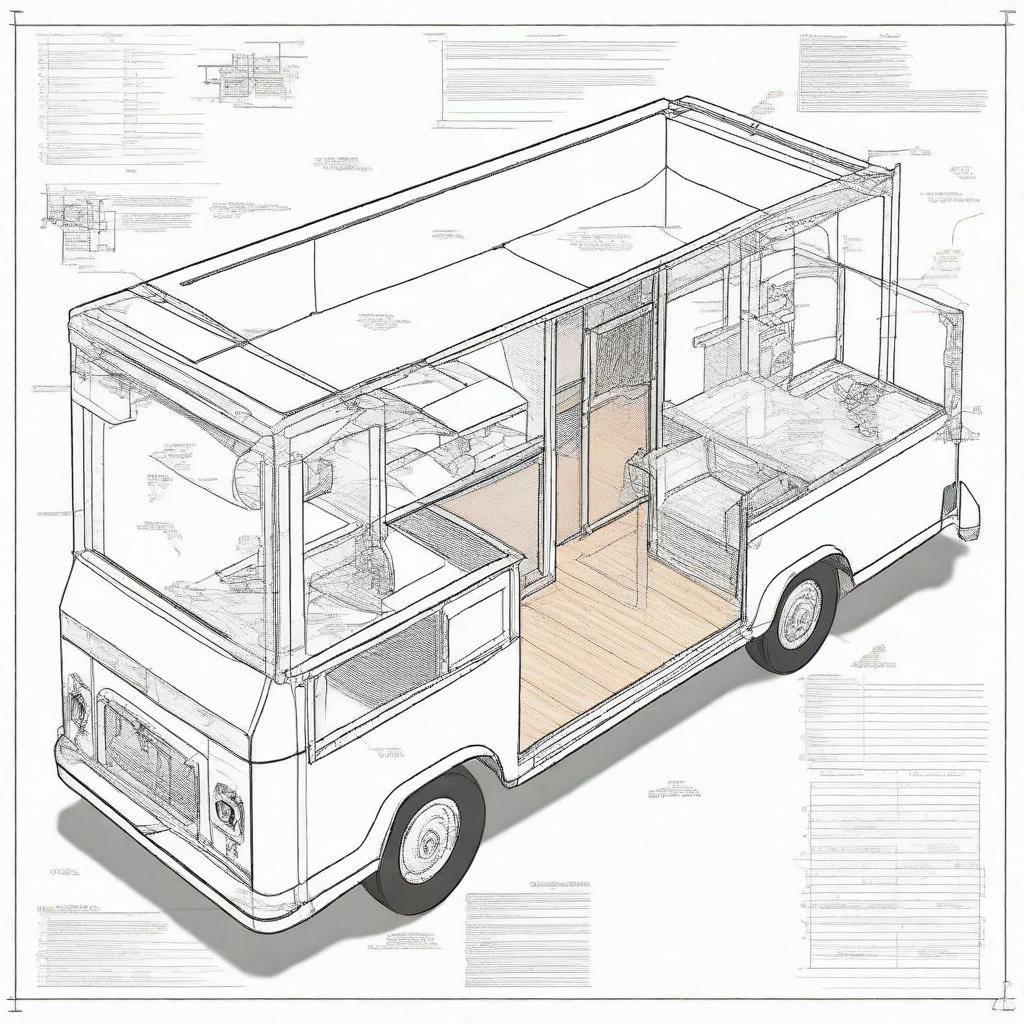 An architectural design of a food truck, showcasing detailed blueprints and schematics