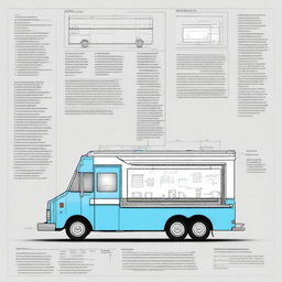 An architectural design of a food truck, showcasing detailed blueprints and schematics