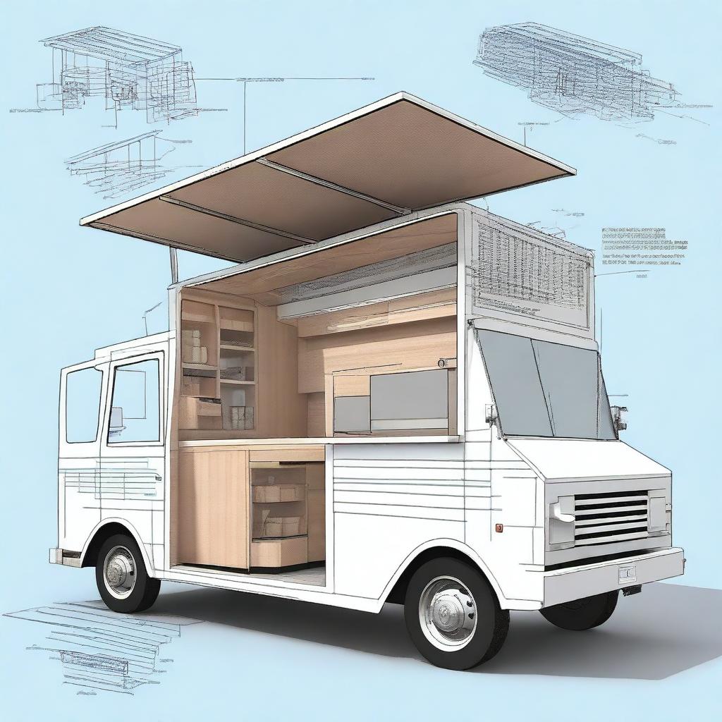 An architectural design of a food truck, showcasing detailed blueprints and schematics