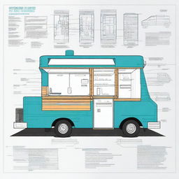 An architectural design of a food truck, showcasing detailed blueprints and schematics