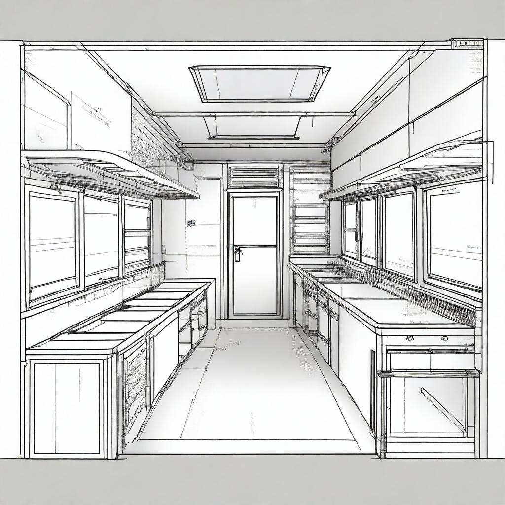 A detailed architectural design of the interior of a food truck