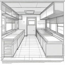 A detailed architectural design of the interior of a food truck