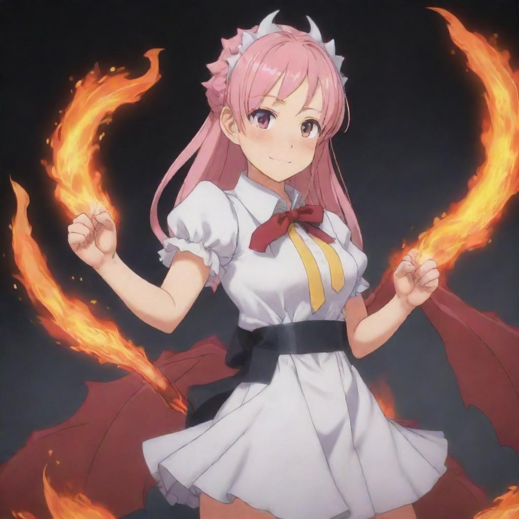 Ilulu from Kobayashi's Dragon Maid, posing heroically with her dragon tail unfurled and flames subtly flickering around her fists, in anime style.