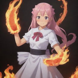 Ilulu from Kobayashi's Dragon Maid, posing heroically with her dragon tail unfurled and flames subtly flickering around her fists, in anime style.