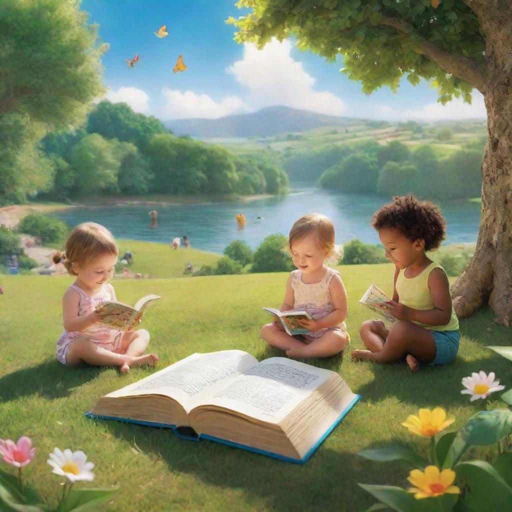 A vivid scene from 'BrightBabyTales' bathed in brilliant sunshine. Picture an animated landscape of children engrossed in storytelling, surrounded by the vibrant beauty of nature, with a wonderfully illustrated open book adding a touch of magic.