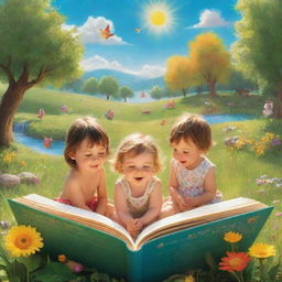 A vivid scene from 'BrightBabyTales' bathed in brilliant sunshine. Picture an animated landscape of children engrossed in storytelling, surrounded by the vibrant beauty of nature, with a wonderfully illustrated open book adding a touch of magic.