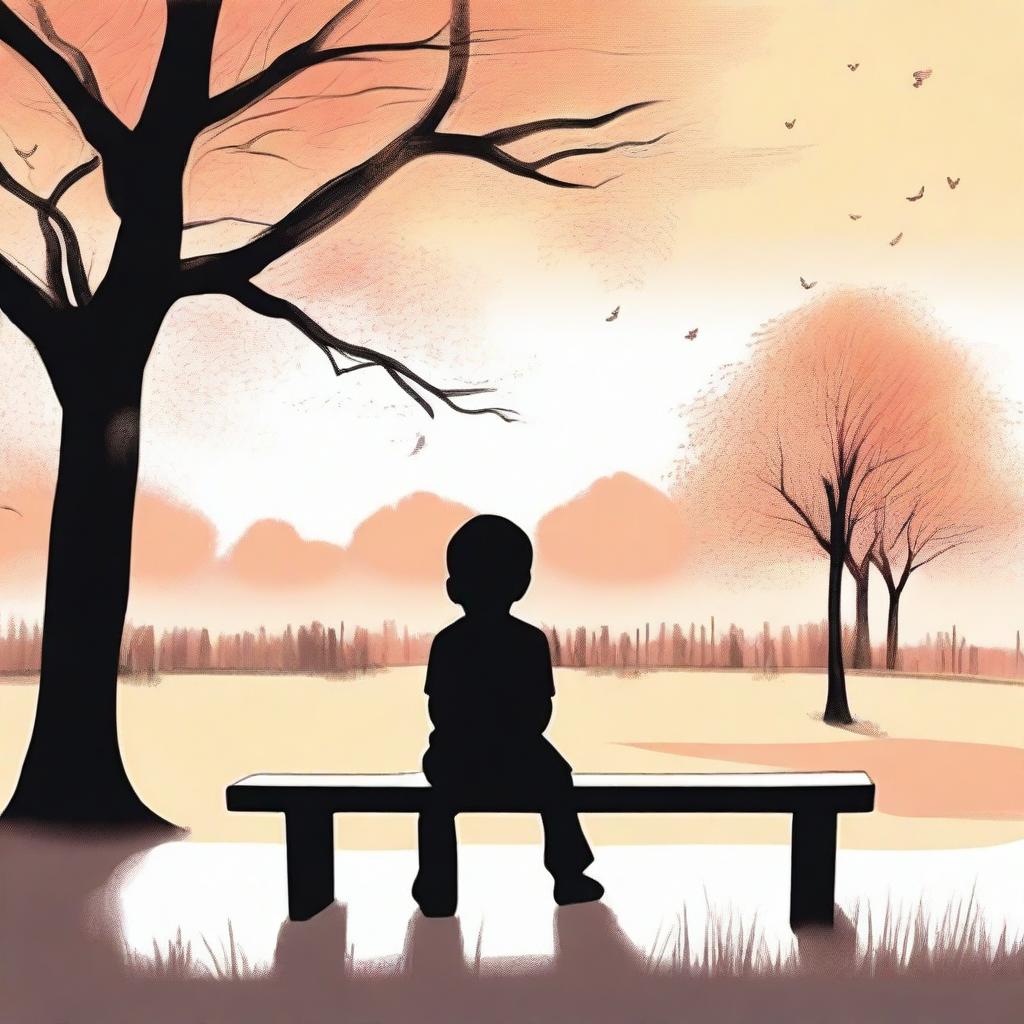 A poignant illustration of a child sitting alone on a park bench, looking wistfully at families playing together in the background