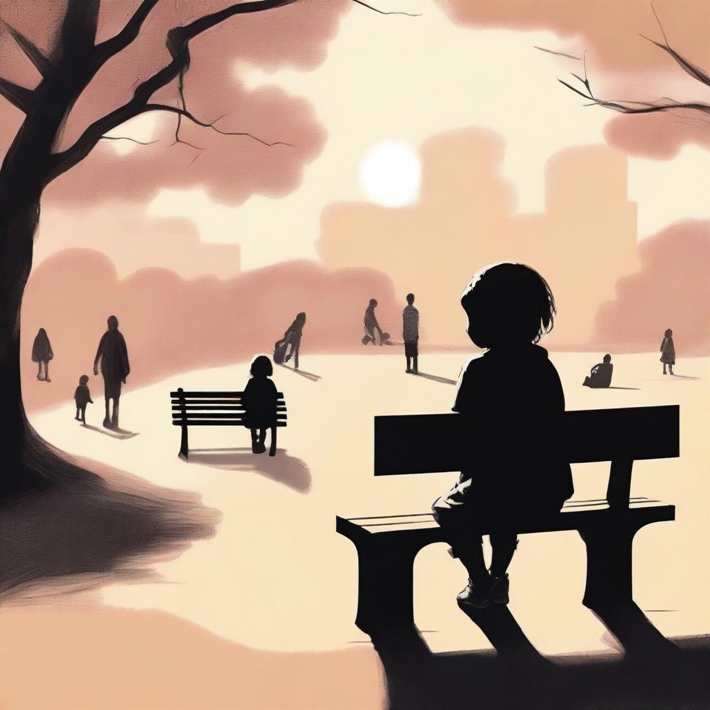 A poignant illustration of a child sitting alone on a park bench, looking wistfully at families playing together in the background