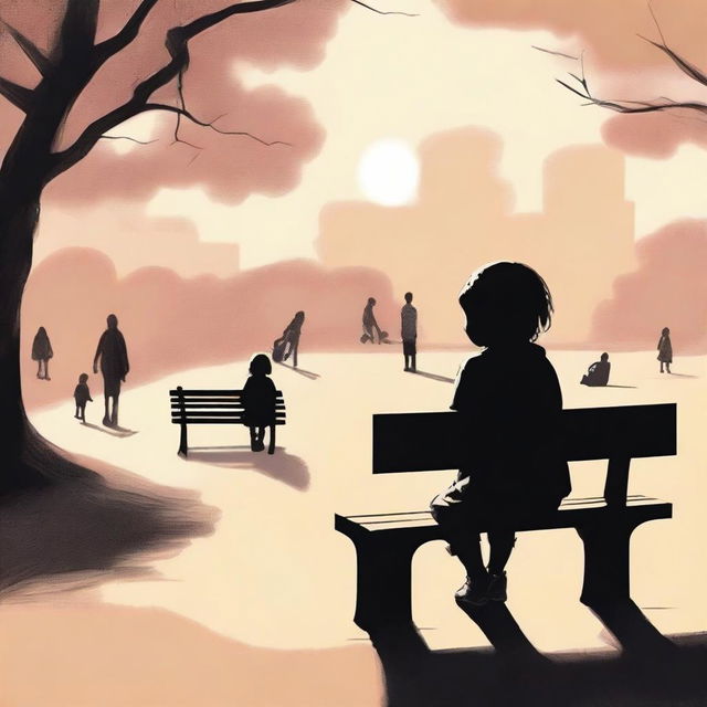 A poignant illustration of a child sitting alone on a park bench, looking wistfully at families playing together in the background