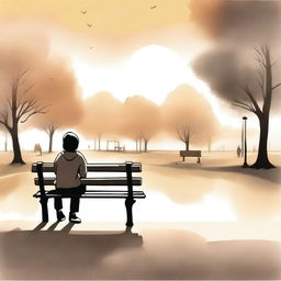 A poignant illustration of a child sitting alone on a park bench, looking wistfully at families playing together in the background