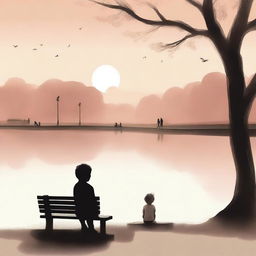 A poignant illustration of a child sitting alone on a park bench, looking wistfully at families playing together in the background