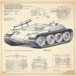 A detailed blueprint of a mini 1/6 scale tank running on a two-stroke, two-cylinder gasoline engine