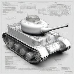 A detailed blueprint of a mini 1/6 scale tank running on a two-stroke, two-cylinder gasoline engine