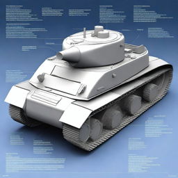 A detailed blueprint of a mini 1/6 scale tank running on a two-stroke, two-cylinder gasoline engine