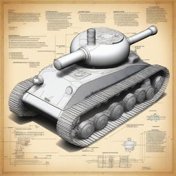 A detailed blueprint of a mini 1/6 scale tank running on a two-stroke, two-cylinder gasoline engine