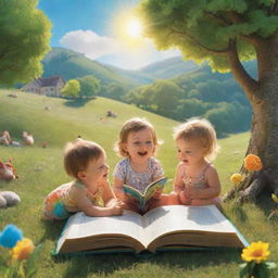 A vivid scene from 'BrightBabyTales' bathed in brilliant sunshine. Picture an animated landscape of children engrossed in storytelling, surrounded by the vibrant beauty of nature, with a wonderfully illustrated open book adding a touch of magic.