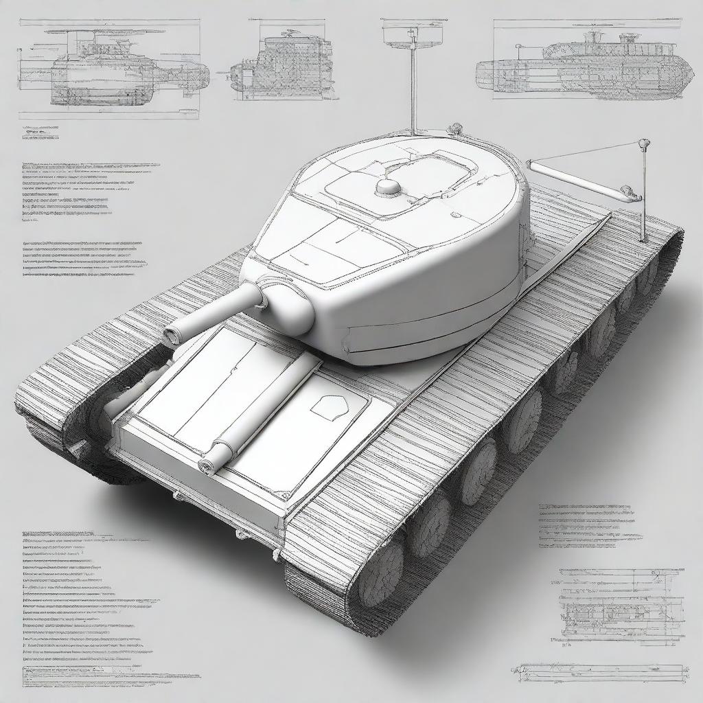 A highly detailed blueprint of a mini 1/6 scale tank powered by a two-stroke, two-cylinder gasoline engine