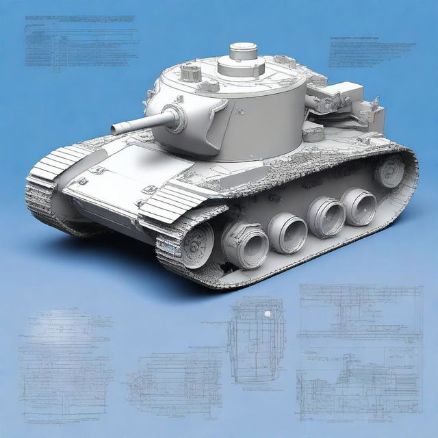 A highly detailed blueprint of a mini 1/6 scale tank powered by a two-stroke, two-cylinder gasoline engine