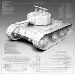 A highly detailed blueprint of a mini 1/6 scale tank powered by a two-stroke, two-cylinder gasoline engine