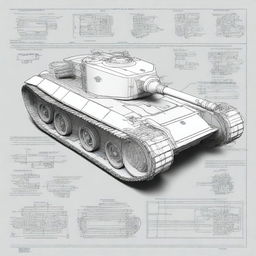 A highly detailed blueprint of a mini 1/6 scale tank powered by a two-stroke, two-cylinder gasoline engine