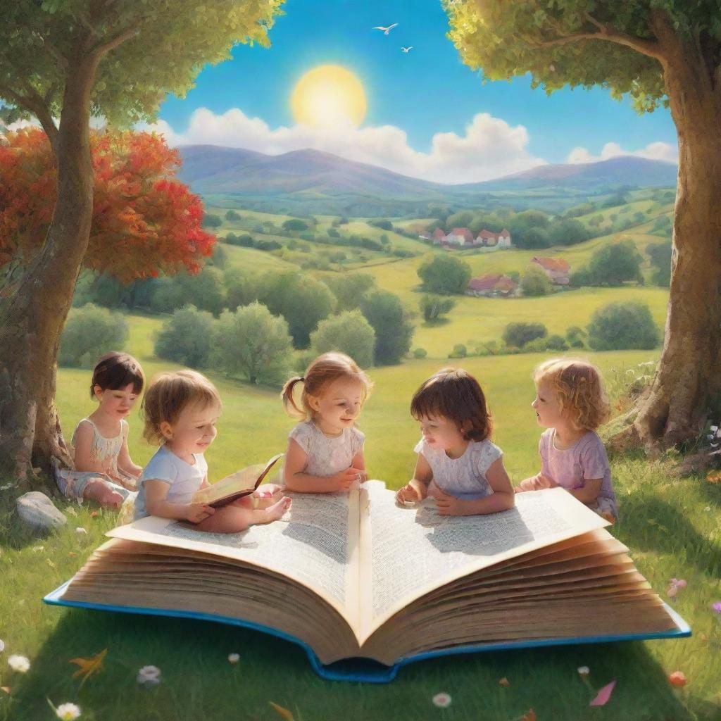 A vivid scene from 'BrightBabyTales' bathed in brilliant sunshine. Picture an animated landscape of children engrossed in storytelling, surrounded by the vibrant beauty of nature, with a wonderfully illustrated open book adding a touch of magic.