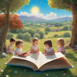 A vivid scene from 'BrightBabyTales' bathed in brilliant sunshine. Picture an animated landscape of children engrossed in storytelling, surrounded by the vibrant beauty of nature, with a wonderfully illustrated open book adding a touch of magic.