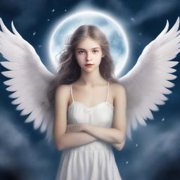 Create a book cover featuring an angelic girl with wings, standing under a full moon