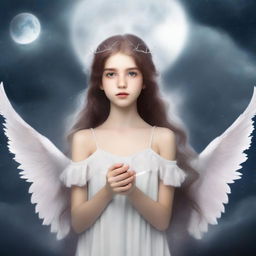 Create a book cover featuring an angelic girl with wings, standing under a full moon