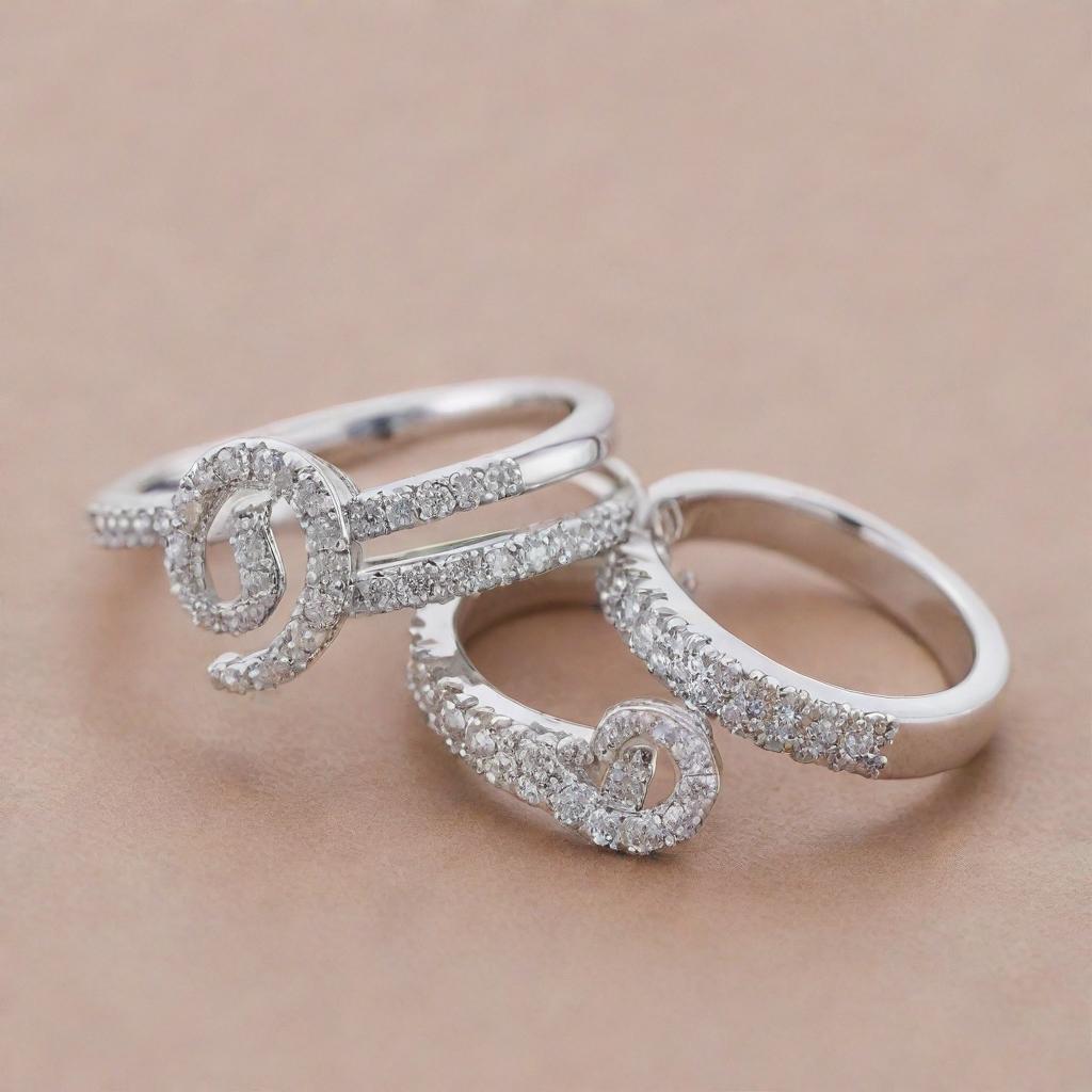 Two matching silver engagement rings encrusted with sparkling diamonds. One ring features an exquisite design of the letter 'J' and the other echoes this design but with the letter 'R'.