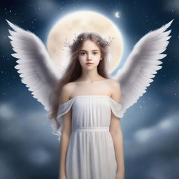 Create a book cover featuring an angelic girl with wings, standing under a full moon