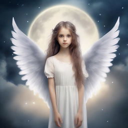 Create a book cover featuring an angelic girl with wings, standing under a full moon