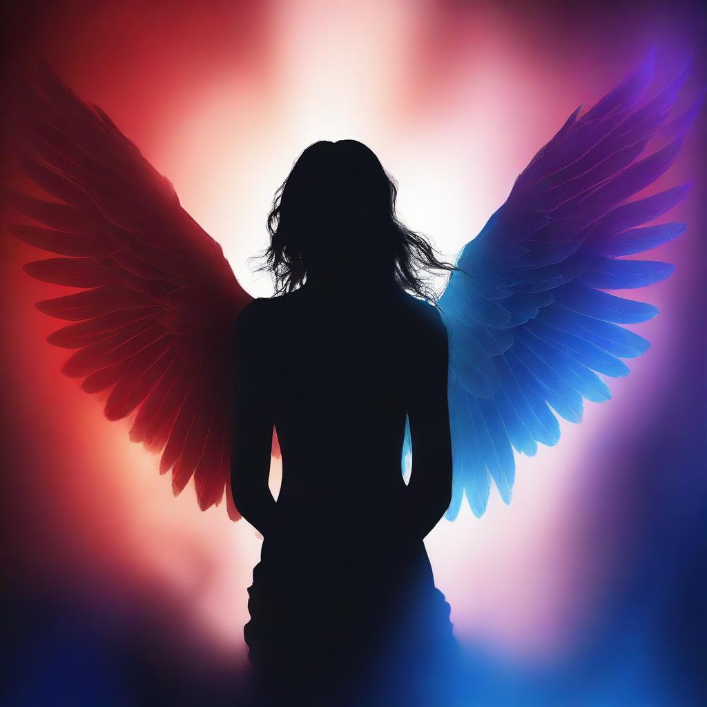 Create a book cover featuring the silhouette of a female angel facing away