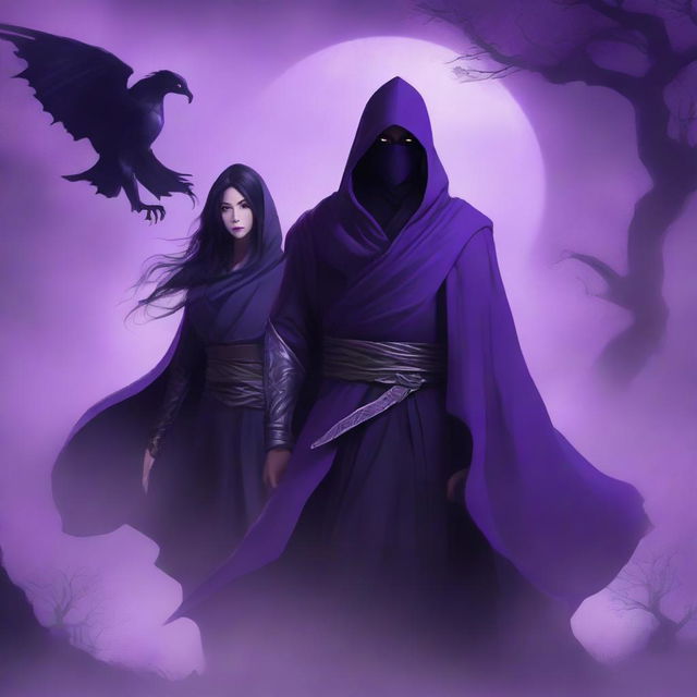 A fantasy book cover showing a ghost female ninja standing next to a dark-haired man in a cloak