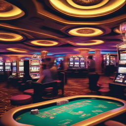 A vibrant and lively casino scene filled with people playing various games like poker, roulette, and slot machines