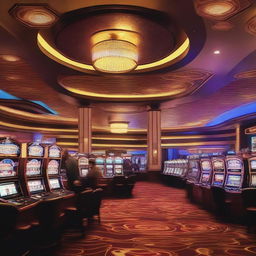 A vibrant and lively casino scene filled with people playing various games like poker, roulette, and slot machines